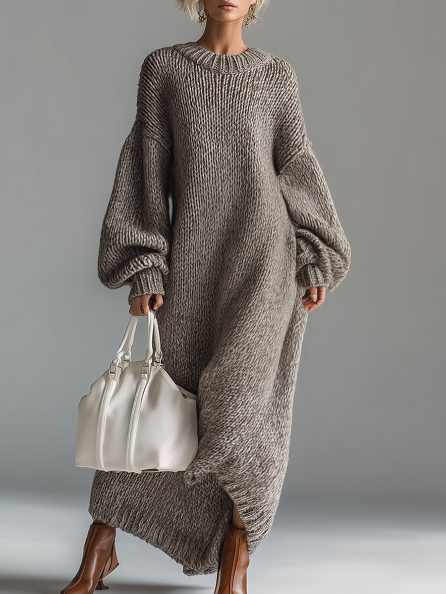 Seluna | Maxi Dress for Women - Round Neck Knitted Heathered Khaki Loose Elegant Fit-Dresses-Khaki-XS-Camoufit