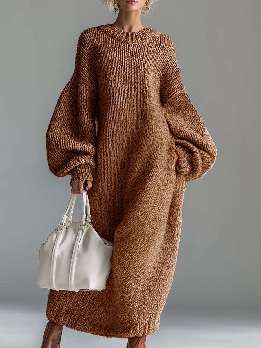 Seluna | Maxi Dress for Women - Round Neck Knitted Heathered Khaki Loose Elegant Fit-Dresses-Brown-XS-Camoufit