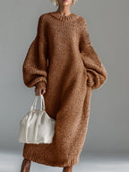 Seluna | Maxi Dress for Women - Round Neck Knitted Heathered Khaki Loose Elegant Fit-Dresses-Brown-XS-Camoufit
