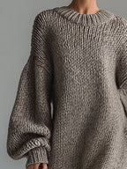 Seluna | Maxi Dress for Women - Round Neck Knitted Heathered Khaki Loose Elegant Fit-Dresses-Khaki-XS-Camoufit