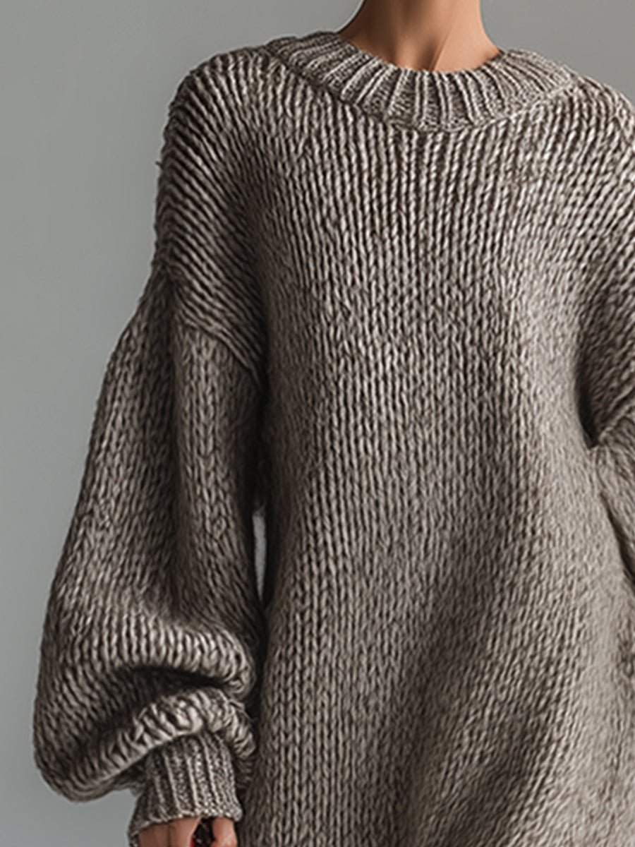 Seluna | Maxi Dress for Women - Round Neck Knitted Heathered Khaki Loose Elegant Fit-Dresses-Khaki-XS-Camoufit