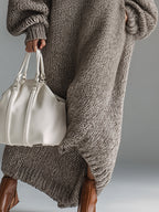 Seluna | Maxi Dress for Women - Round Neck Knitted Heathered Khaki Loose Elegant Fit-Dresses-Khaki-XS-Camoufit