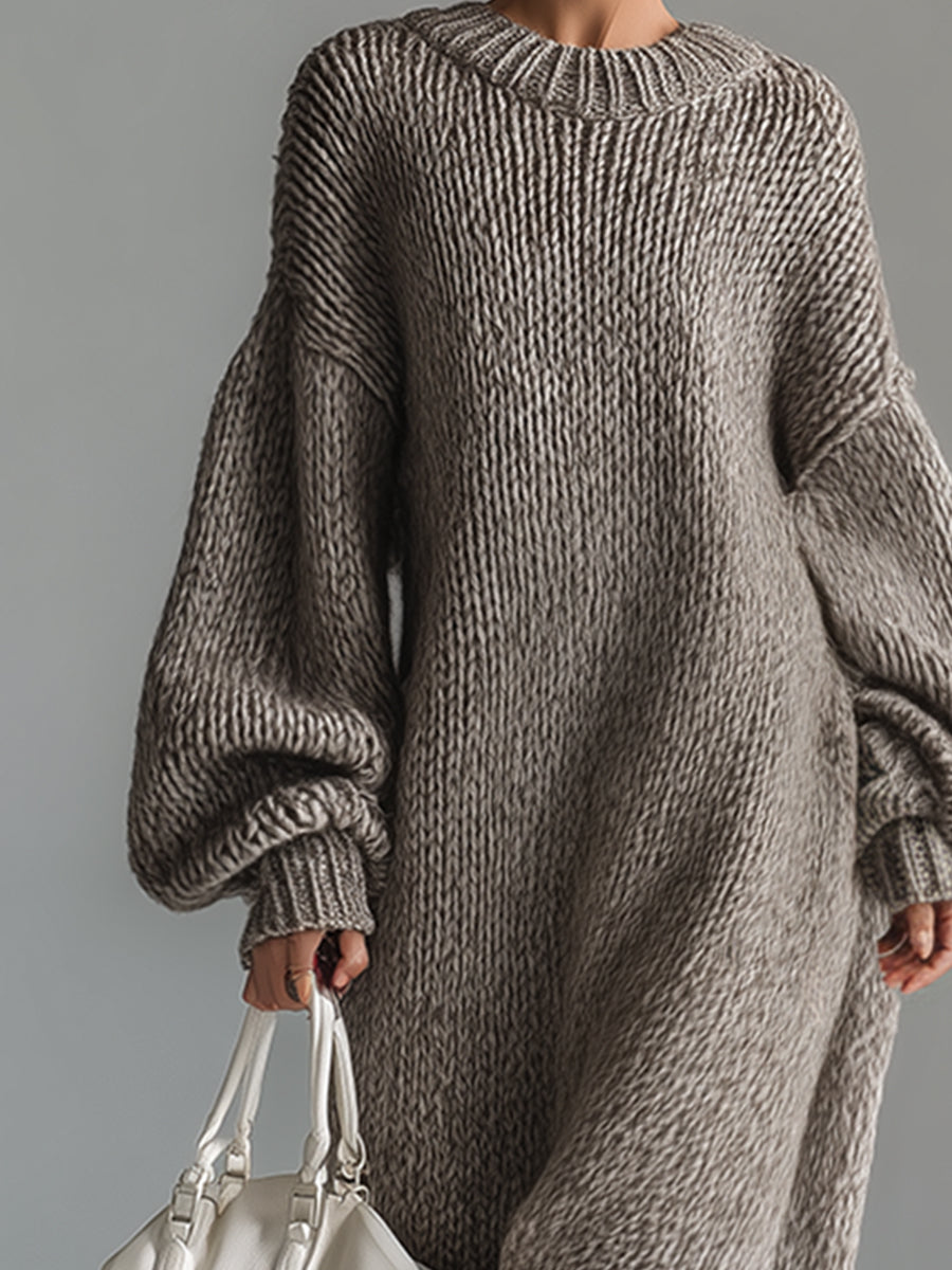 Seluna | Maxi Dress for Women - Round Neck Knitted Heathered Khaki Loose Elegant Fit-Dresses-Khaki-XS-Camoufit