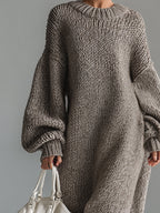 Seluna | Maxi Dress for Women - Round Neck Knitted Heathered Khaki Loose Elegant Fit-Dresses-Khaki-XS-Camoufit
