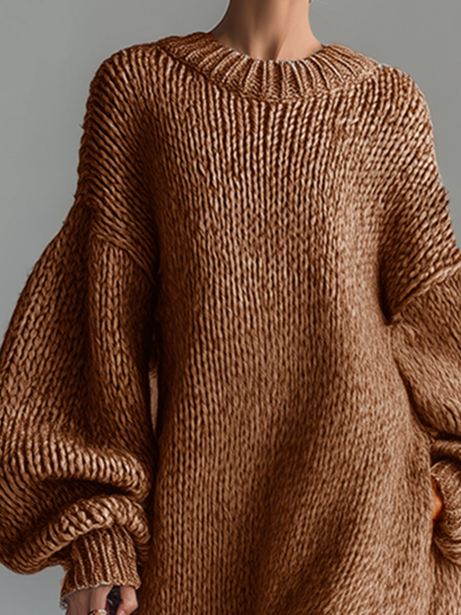 Seluna | Maxi Dress for Women - Round Neck Knitted Heathered Khaki Loose Elegant Fit-Dresses-Khaki-XS-Camoufit