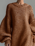 Seluna | Maxi Dress for Women - Round Neck Knitted Heathered Khaki Loose Elegant Fit-Dresses-Khaki-XS-Camoufit