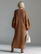 Seluna | Maxi Dress for Women - Round Neck Knitted Heathered Khaki Loose Elegant Fit-Dresses-Khaki-XS-Camoufit