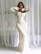 Roséa | Women's Elegant Maxi Dress Long Sleeve Satin Flowy Wedding Guest Evening Frock-Maxi Dress-White-XS-