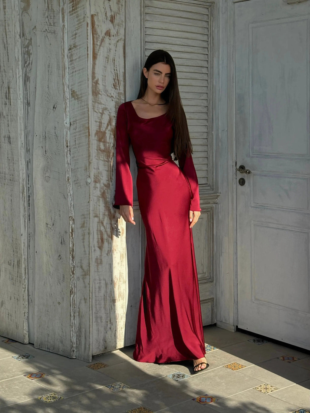 Roséa | Women's Elegant Maxi Dress Long Sleeve Satin Flowy Wedding Guest Evening Frock-Maxi Dress-White-XS-