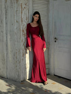 Roséa | Women's Elegant Maxi Dress Long Sleeve Satin Flowy Wedding Guest Evening Frock-Maxi Dress-White-XS-