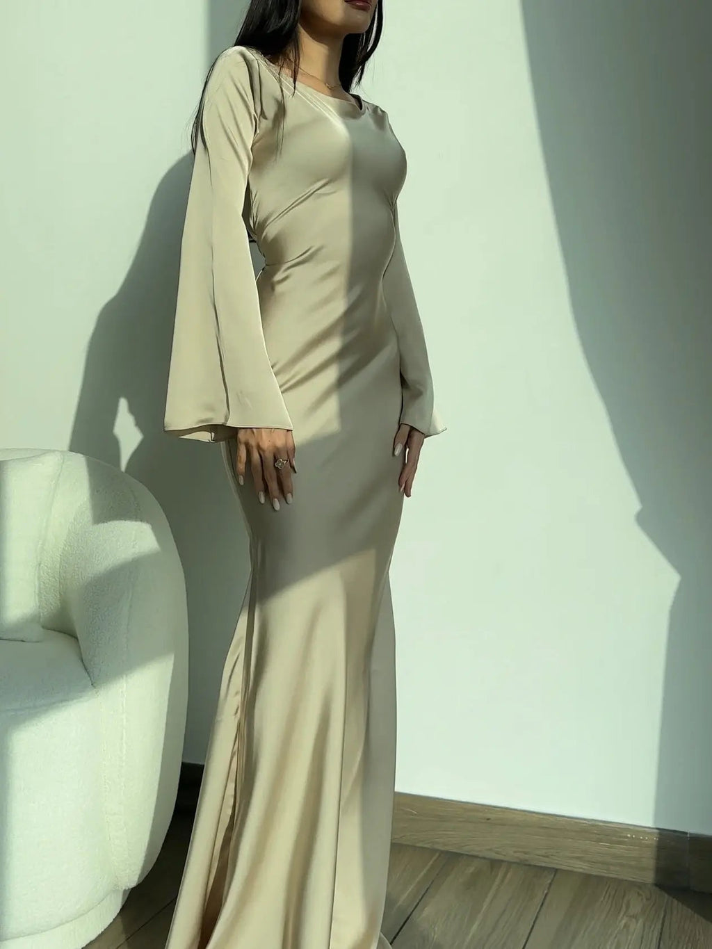 Roséa | Women's Elegant Maxi Dress Long Sleeve Satin Flowy Wedding Guest Evening Frock-Maxi Dress-White-XS-