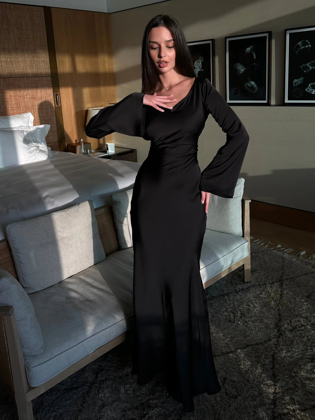 Roséa | Women's Elegant Maxi Dress Long Sleeve Satin Flowy Wedding Guest Evening Frock-Maxi Dress-White-XS-