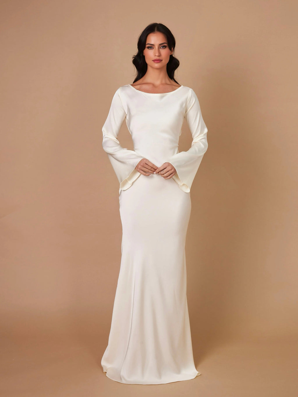 Roséa | Women's Elegant Maxi Dress Long Sleeve Satin Flowy Wedding Guest Evening Frock-Maxi Dress-White-XS-