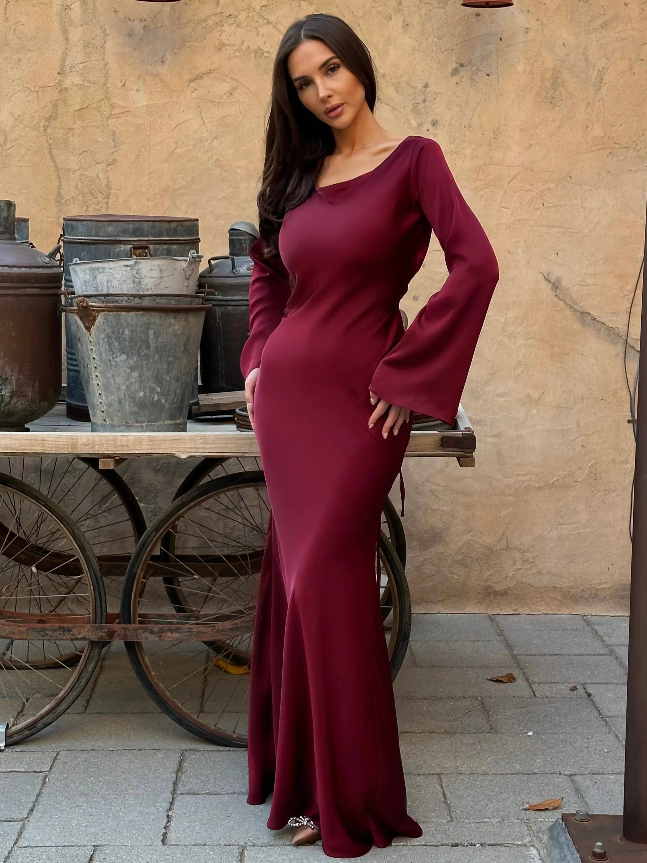Roséa | Women's Elegant Maxi Dress Long Sleeve Satin Flowy Wedding Guest Evening Frock-Maxi Dress-Burgundy-XS-