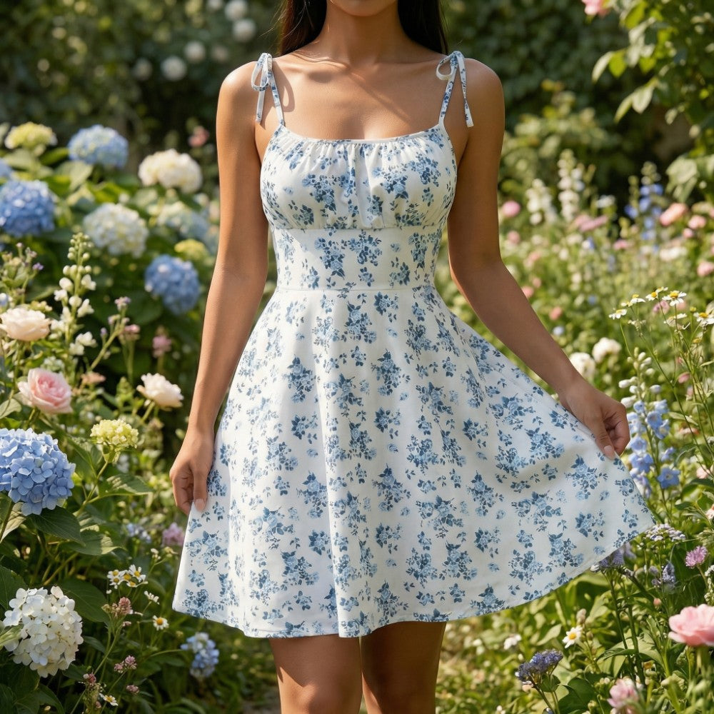 Women's Floral Mini Sundress with Tie Straps Square Neck Fit and Flare A-Line Summer Dress-Mini Dress-Blue-XS-