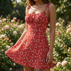 Women's Floral Mini Sundress with Tie Straps Square Neck Fit and Flare A-Line Summer Dress-Mini Dress-Red-XS-