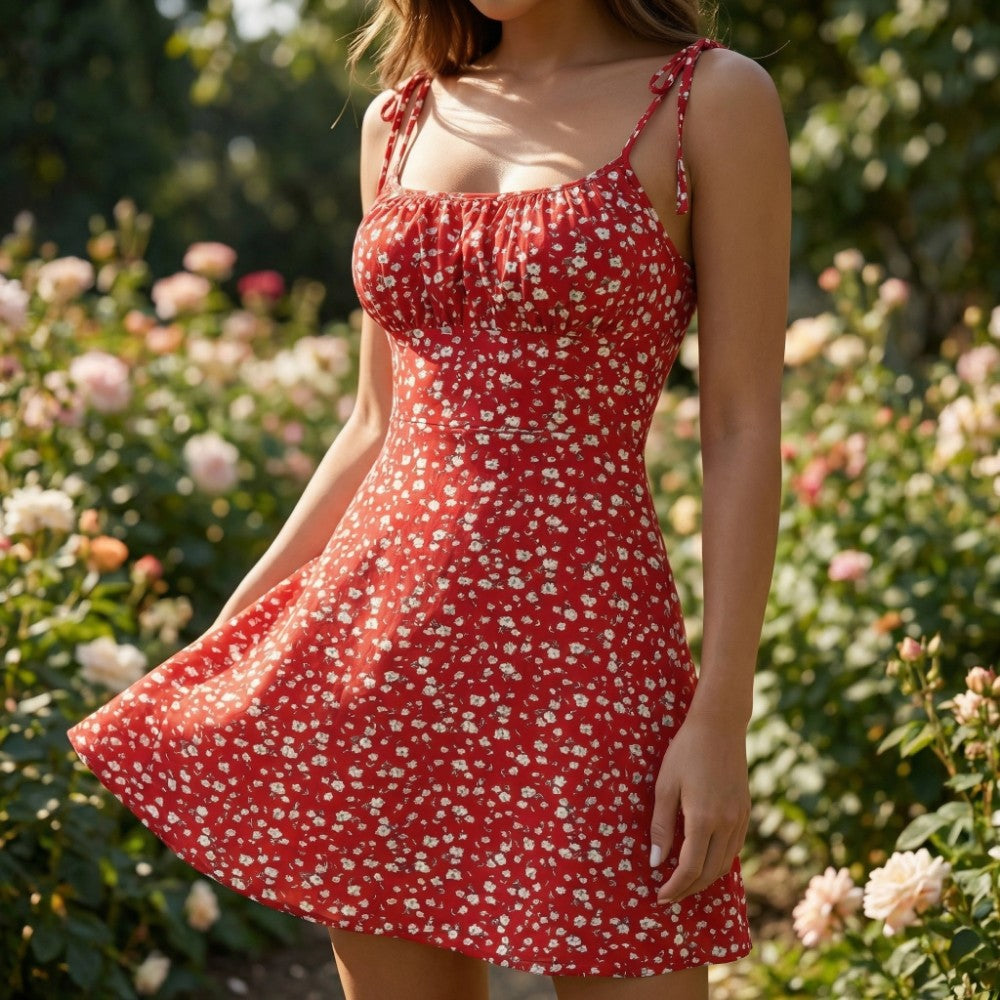 Women's Floral Mini Sundress with Tie Straps Square Neck Fit and Flare A-Line Summer Dress-Mini Dress-Red-XS-
