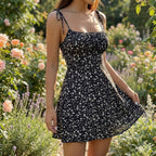 Women's Floral Mini Sundress with Tie Straps Square Neck Fit and Flare A-Line Summer Dress-Mini Dress-Blue-XS-