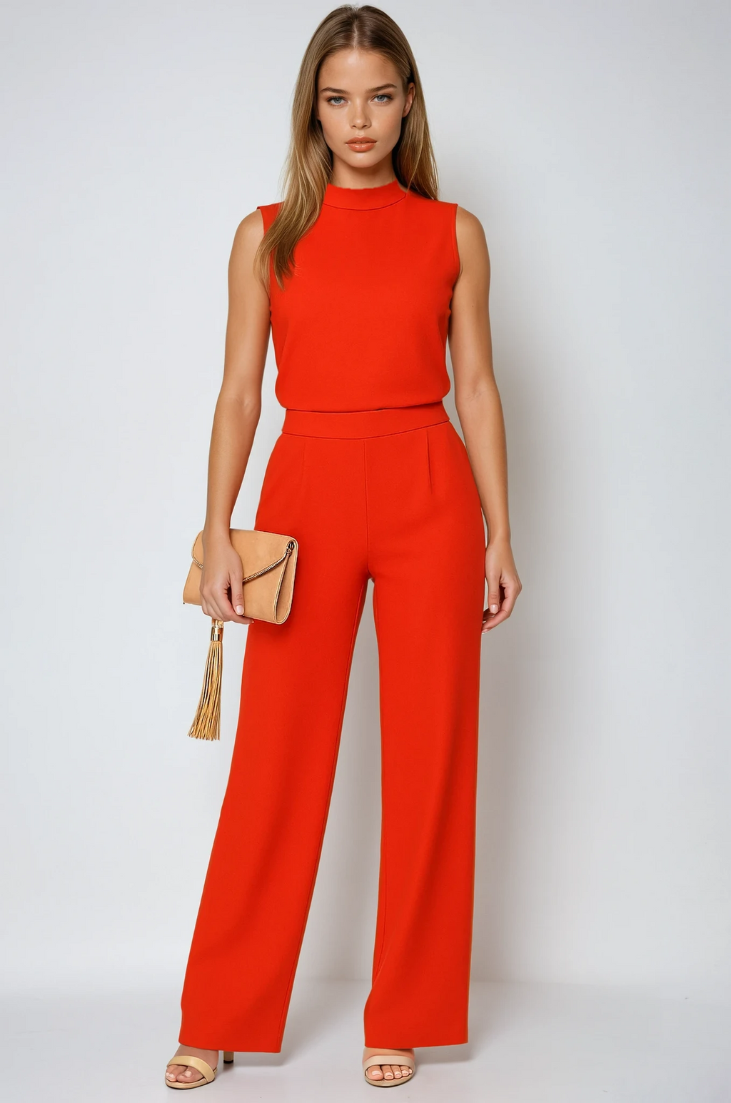 Orelia | Women's Sleeveless Jumpsuit with Mock Neck Skivvy Wide Leg Elegant Summer Playsuit-Jumpsuit-Red-S-Camoufit