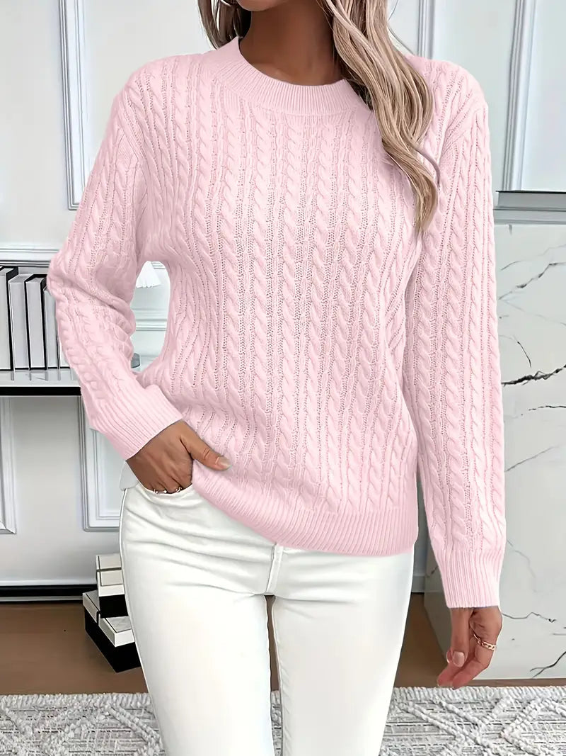 Aloura | Women's Cable Knit Jumper Long Sleeve Relaxed Fit Ribbed Hem Cosy Pullover Sweater-Women's Sweater-Pink-S-Camoufit