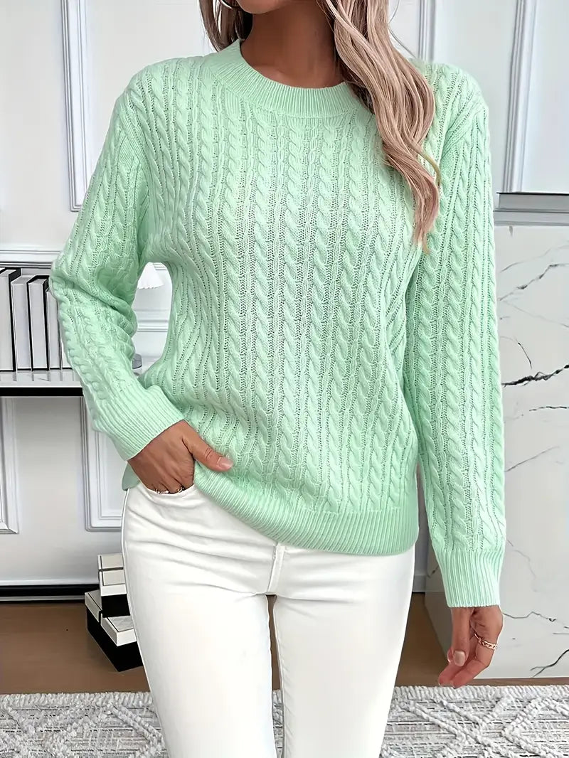 Aloura | Women's Cable Knit Jumper Long Sleeve Relaxed Fit Ribbed Hem Cosy Pullover Sweater-Women's Sweater-Light Green-S-Camoufit