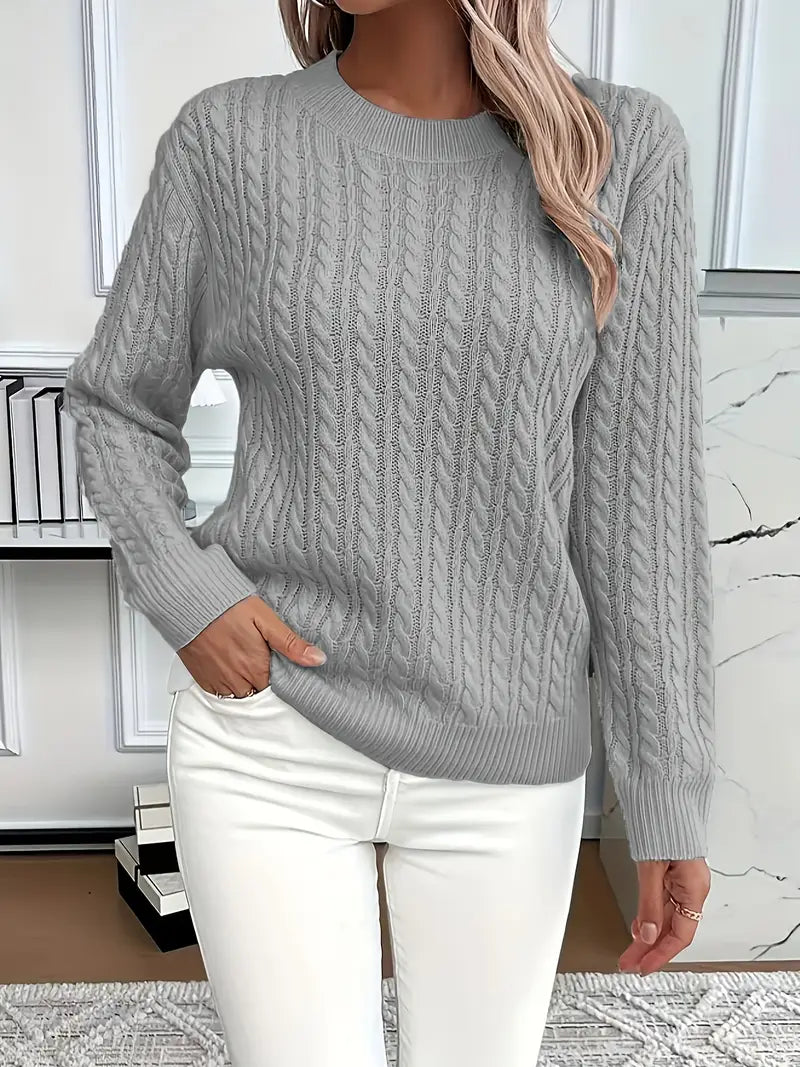 Aloura | Women's Cable Knit Jumper Long Sleeve Relaxed Fit Ribbed Hem Cosy Pullover Sweater-Women's Sweater-Grey-S-Camoufit