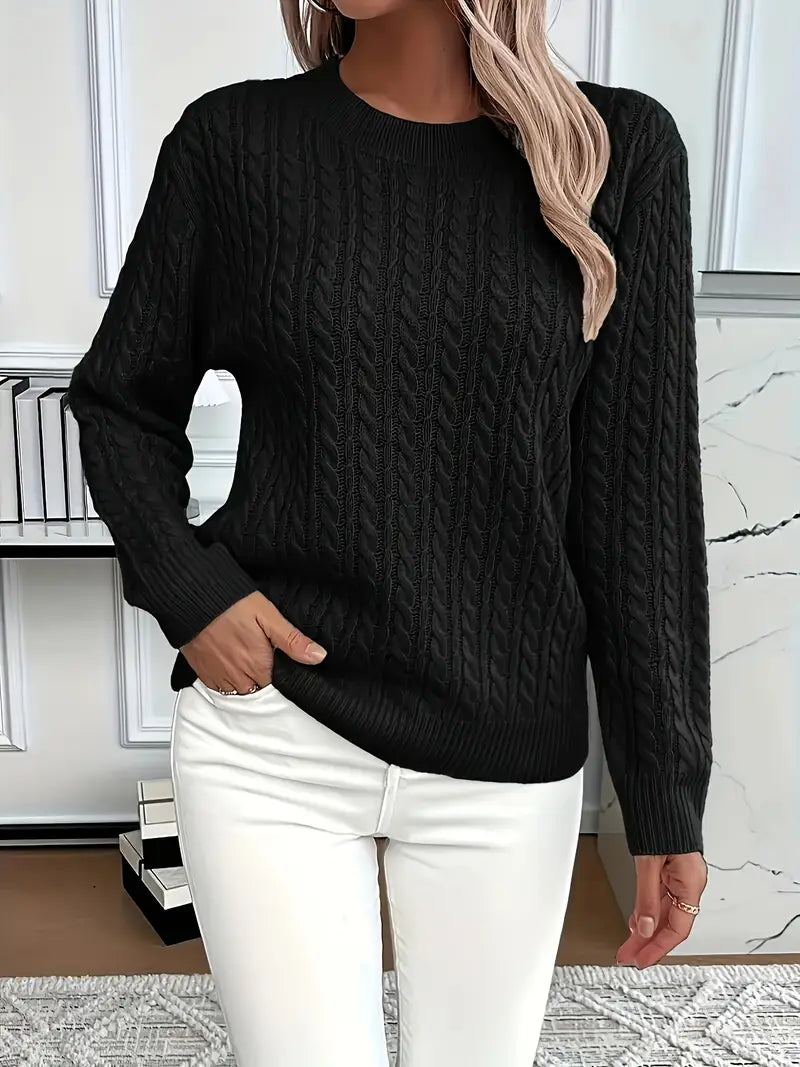 Aloura | Women's Cable Knit Jumper Long Sleeve Relaxed Fit Ribbed Hem Cosy Pullover Sweater-Women's Sweater-Black-S-Camoufit