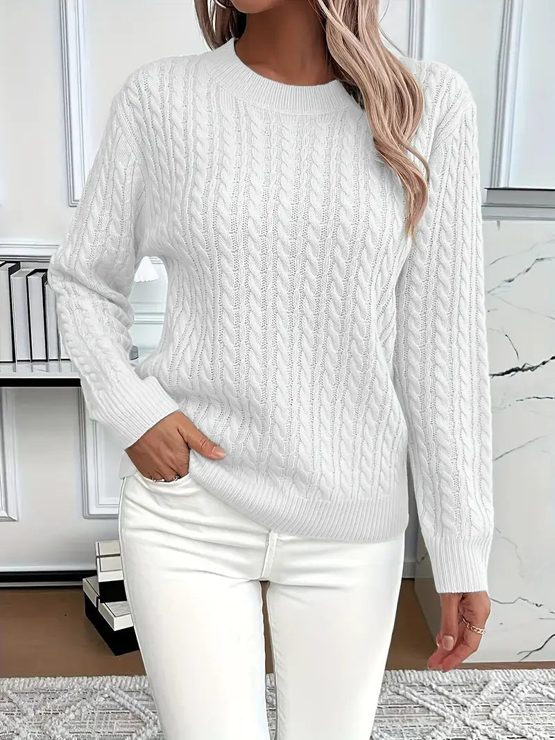 Aloura | Women's Cable Knit Jumper Long Sleeve Relaxed Fit Ribbed Hem Cosy Pullover Sweater-Women's Sweater-White-S-Camoufit