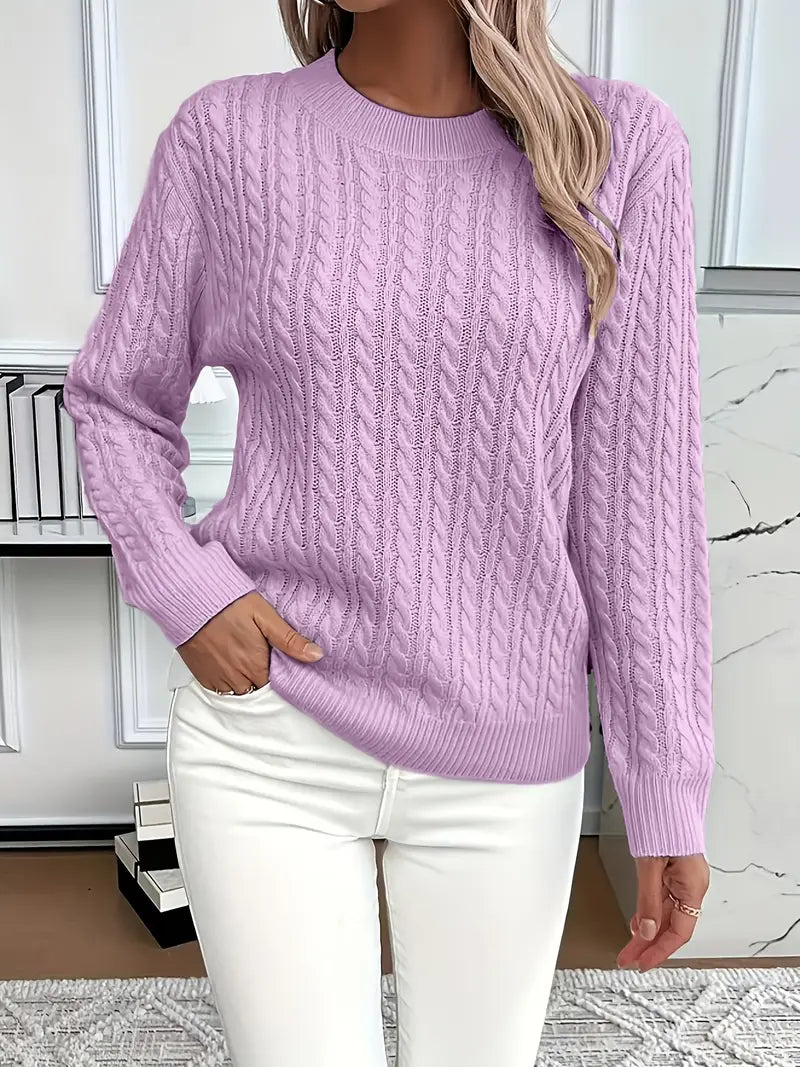 Aloura | Women's Cable Knit Jumper Long Sleeve Relaxed Fit Ribbed Hem Cosy Pullover Sweater-Women's Sweater-Purple-S-Camoufit