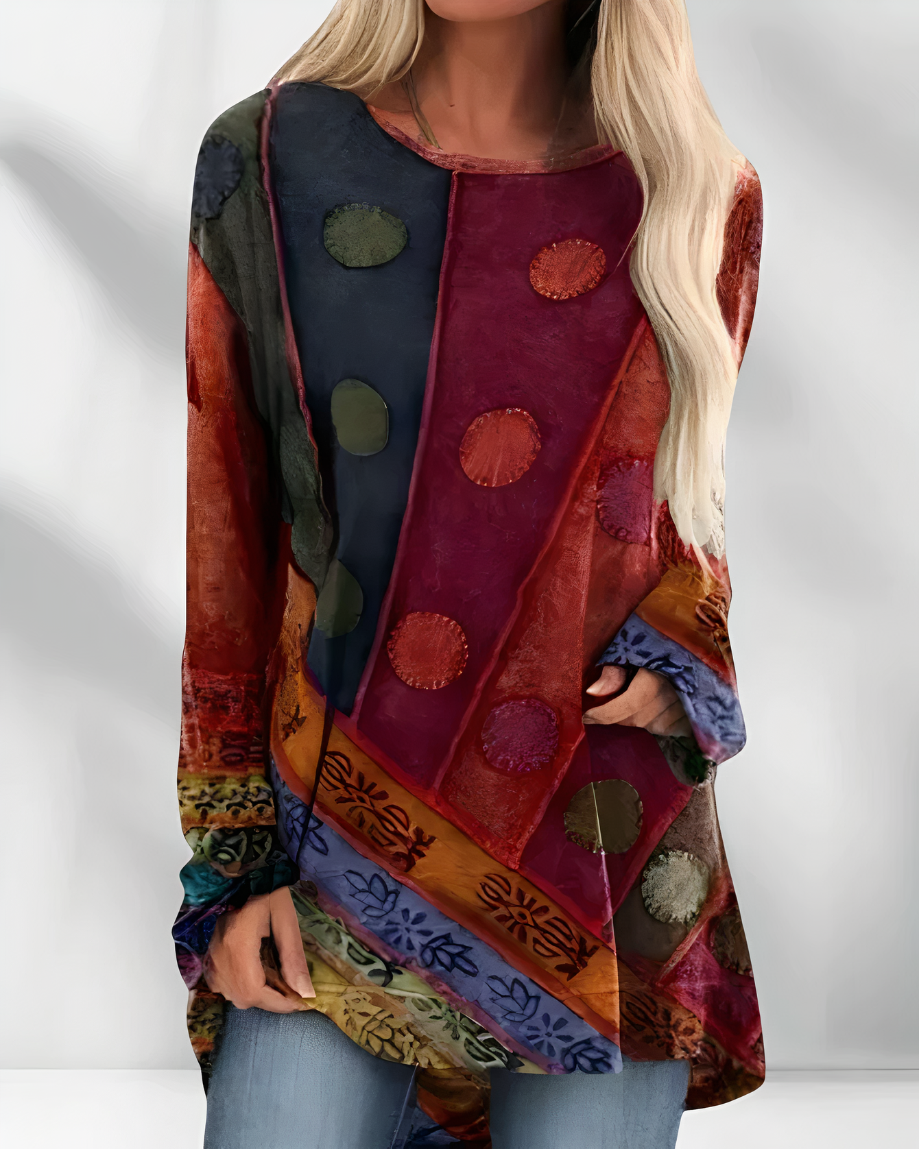 Fiora | Ethnic Print Long Sleeve Top for Women – Relaxed Bohemian Fit-Women's Long Sleeve Tops-Red-S-Camoufit
