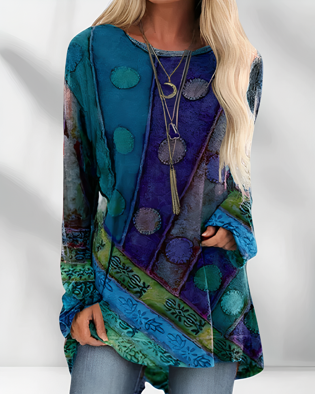Fiora | Ethnic Print Long Sleeve Top for Women – Relaxed Bohemian Fit-Women's Long Sleeve Tops-Blue-S-Camoufit