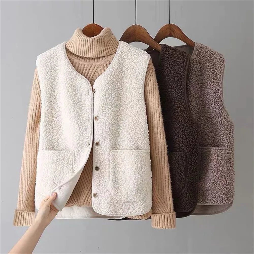Beige sleeveless knit sweater vest layered over ribbed long-sleeve top set