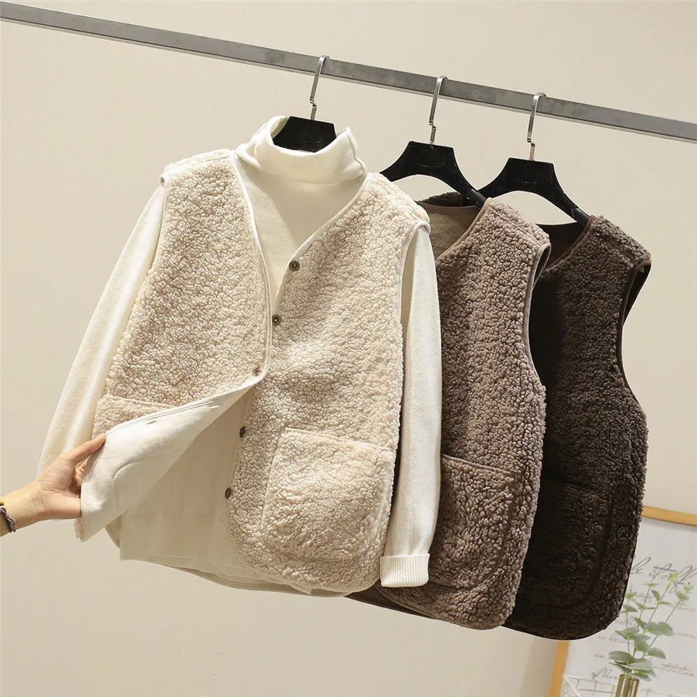 Assorted women’s knit layered vest sets on hangers in cream, tan, and dark brown
