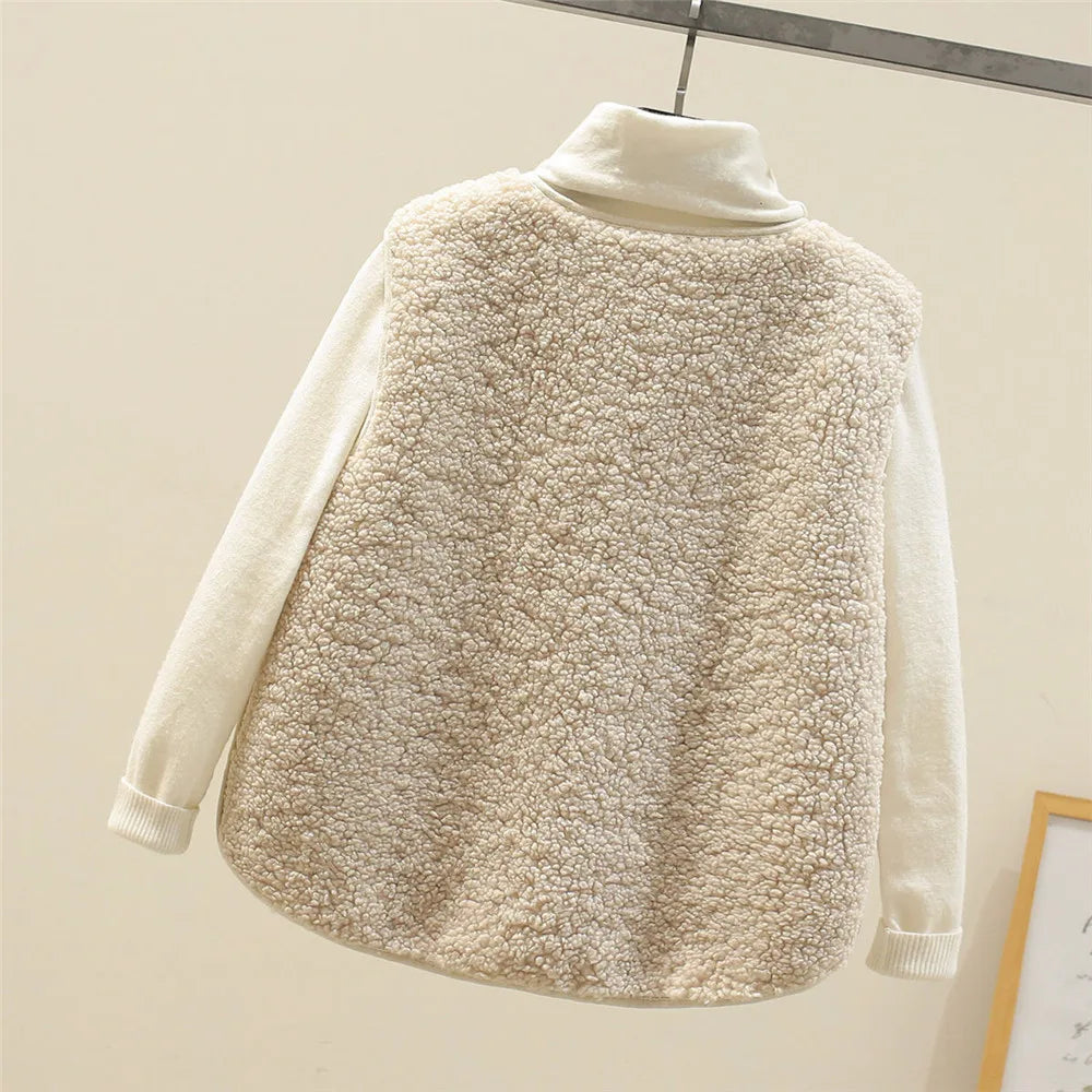 Women’s cream textured sleeveless vest with matching ribbed turtleneck-style sleeves