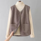 Women’s knit layered set with cream ribbed long-sleeve top and dark brown sleeveless vest