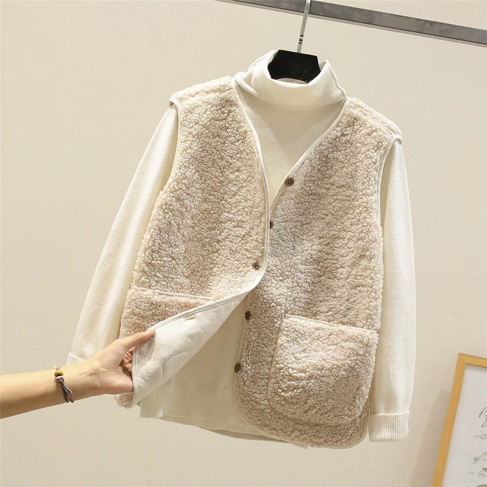 Women’s layered knit set with cream textured sleeveless vest over white long-sleeve top