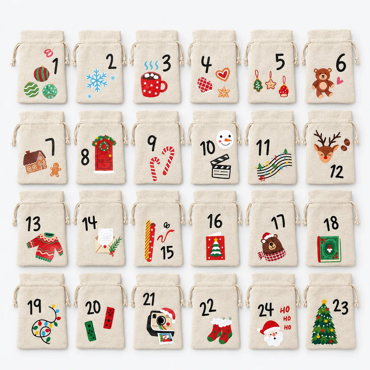 Set of 24 numbered canvas drawstring advent bags with festive icon prints