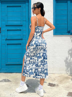 Women's Printed Midi Cami Dress with Spaghetti Straps Square Neck High Side Slit Summer Dress-Midi Dresses-Grey-S-