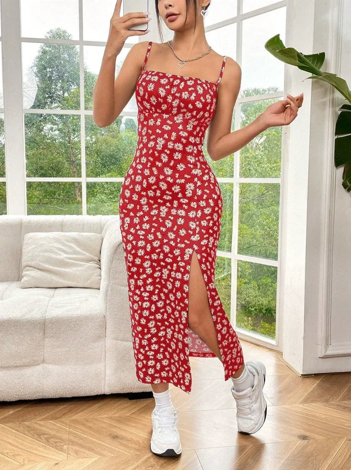 Women's Printed Midi Cami Dress with Spaghetti Straps Square Neck High Side Slit Summer Dress-Midi Dresses-Red-S-