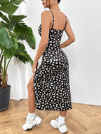Women's Printed Midi Cami Dress with Spaghetti Straps Square Neck High Side Slit Summer Dress-Midi Dresses-Grey-S-