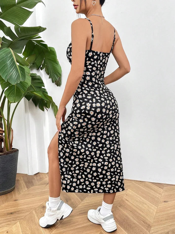 Women's Printed Midi Cami Dress with Spaghetti Straps Square Neck High Side Slit Summer Dress-Midi Dresses-Grey-S-