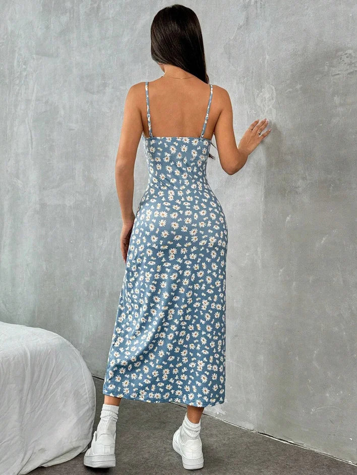 Women's Printed Midi Cami Dress with Spaghetti Straps Square Neck High Side Slit Summer Dress-Midi Dresses-Grey-S-