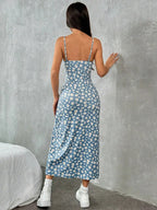 Women's Printed Midi Cami Dress with Spaghetti Straps Square Neck High Side Slit Summer Dress-Midi Dresses-Grey-S-