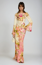Lunessa | Women's Floral Maxi Dress with Bell Sleeves Column Silhouette Elegant Evening Gown-Dresses-Floral-XS-