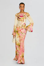 Lunessa | Women's Floral Maxi Dress with Bell Sleeves Column Silhouette Elegant Evening Gown-Dresses-Floral-XS-