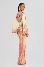 Lunessa | Women's Floral Maxi Dress with Bell Sleeves Column Silhouette Elegant Evening Gown-Dresses-Floral-XS-