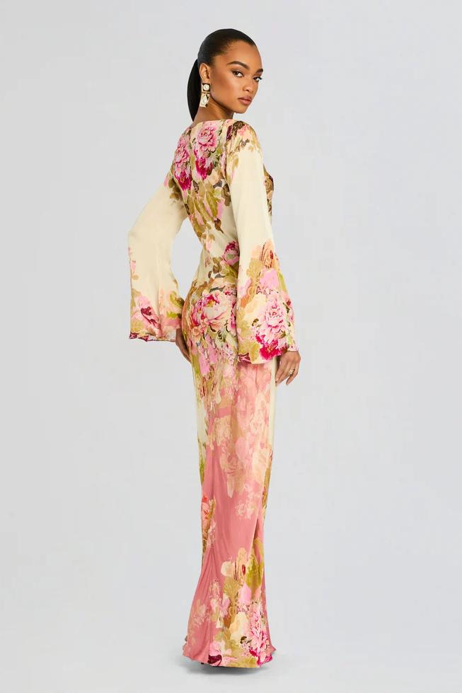 Lunessa | Women's Floral Maxi Dress with Bell Sleeves Column Silhouette Elegant Evening Gown-Dresses-Floral-XS-