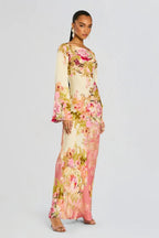 Lunessa | Women's Floral Maxi Dress with Bell Sleeves Column Silhouette Elegant Evening Gown-Dresses-Floral-XS-