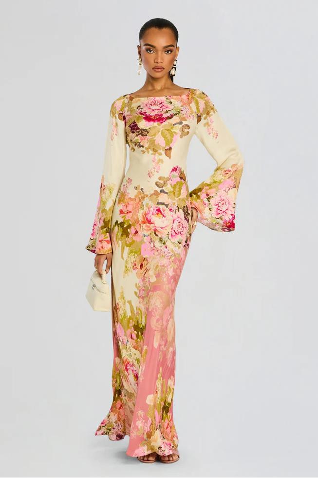 Lunessa | Women's Floral Maxi Dress with Bell Sleeves Column Silhouette Elegant Evening Gown-Dresses-Floral-XS-