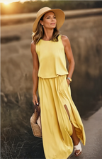 Florentine Women's Sleeveless Summer Maxi Dress – Round Neck Elegant Style-Maxi Dress-Yellow-S-Camoufit
